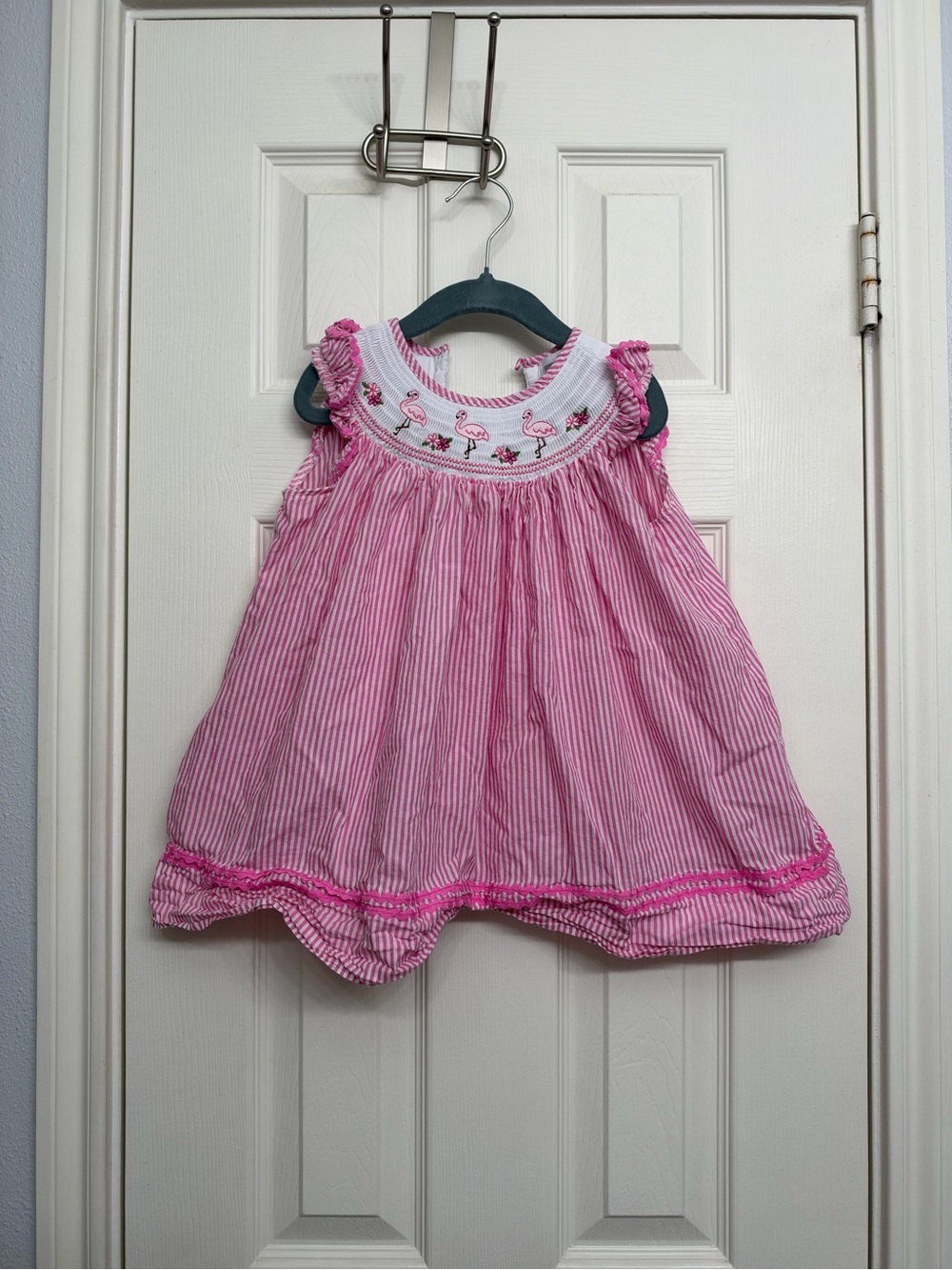 Lil Cactus Pink Striped Girls Smocked Dress with Flamingo Embroidery